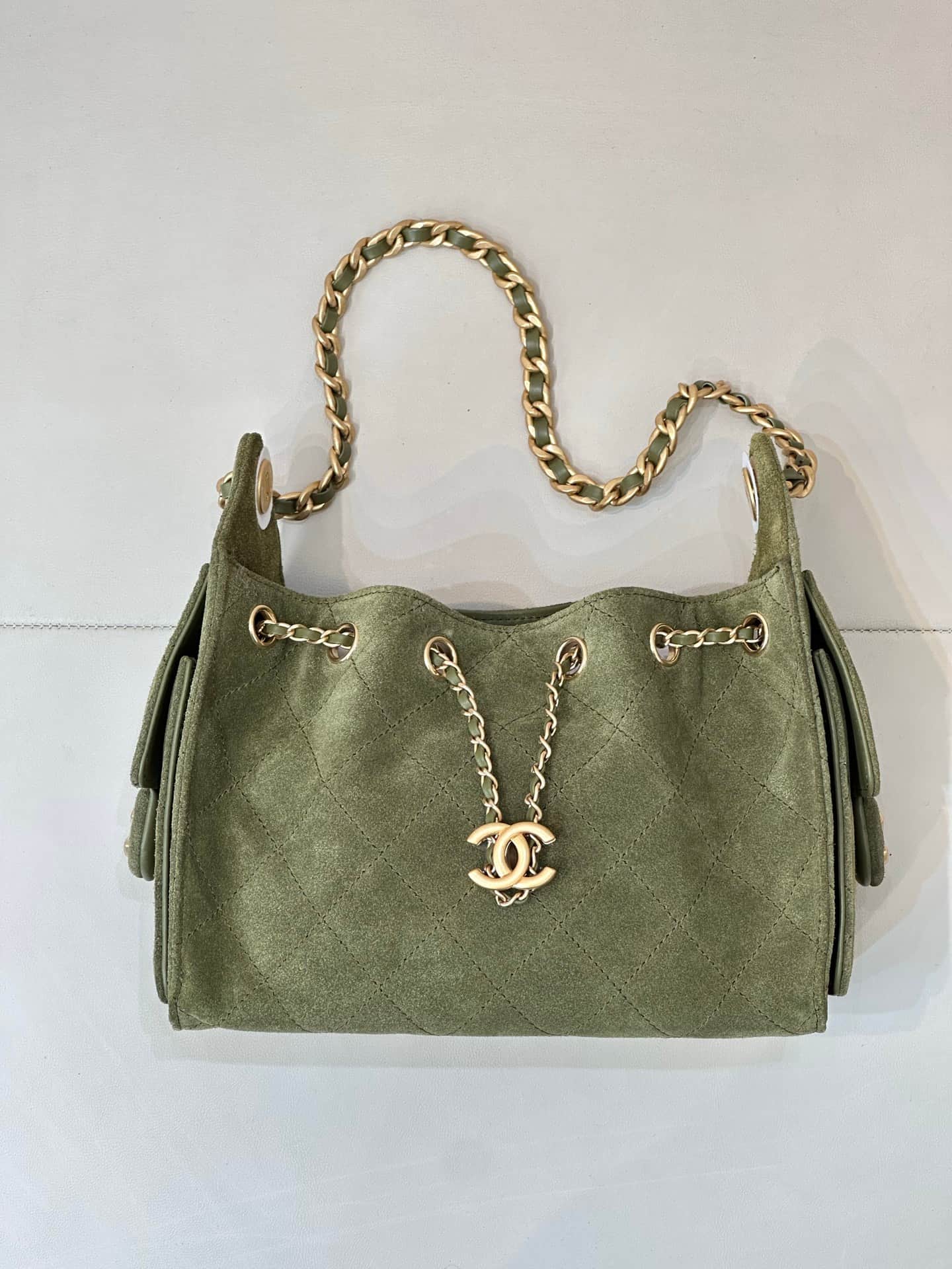CHANEL 25 Mini Handbag AS5631 Suede &Gold-tone Metal Military Green TOP