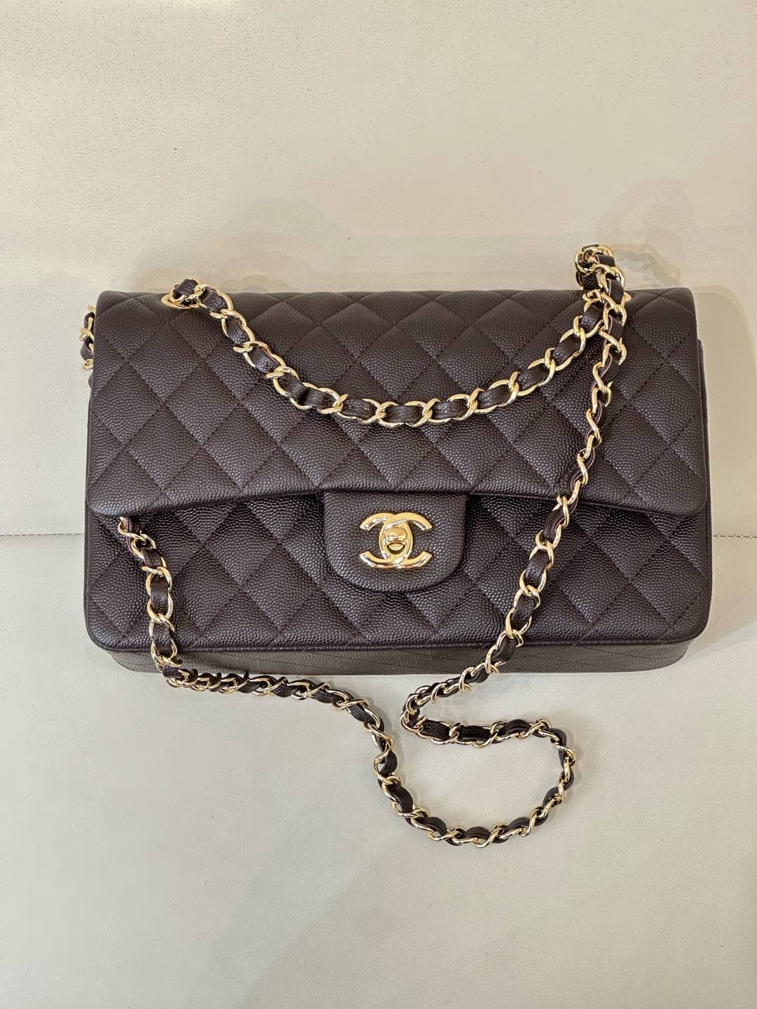 Chanel Medium CLASSIC HANDBAG Grained  Calfskin & Gold-Tone Metal Coffee TOP