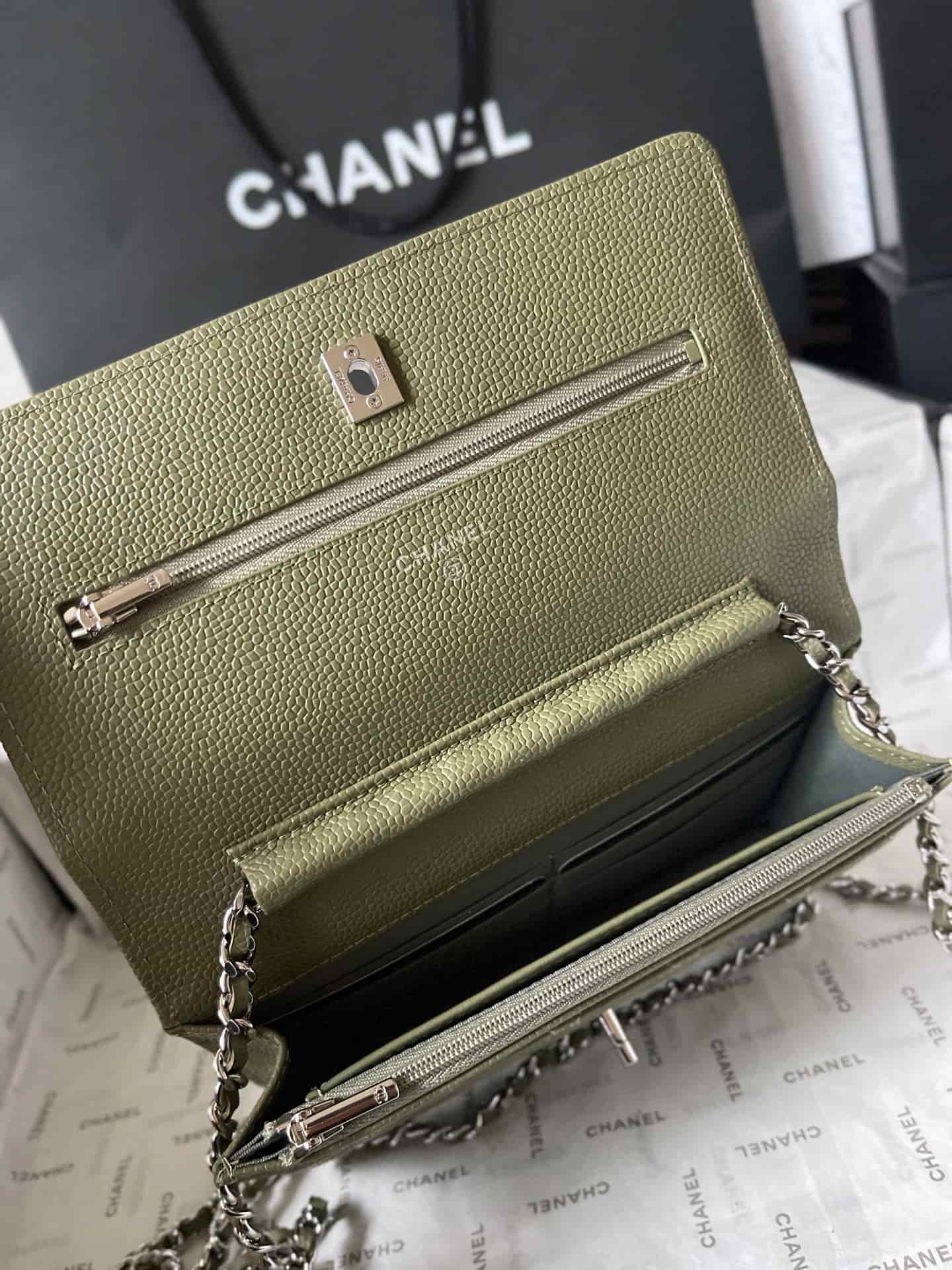 Chanel Classic Wallet on Chain Grained Shiny Calfskin & Silver-Tone Metal AP4241 Dark Green A