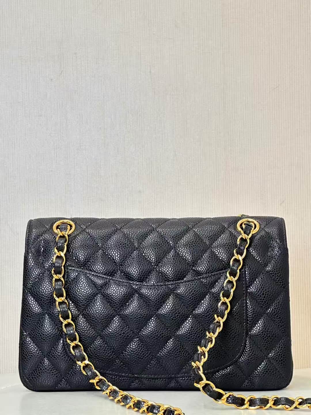 Chanel Small Classic Handbag Grained Calfskin Black Gold Metal TOP