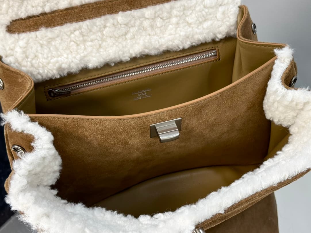 Balenciaga Rodeo Small Bag in Noce Suede Calfskin and White Fleece With Silver-Tone Metal TOP