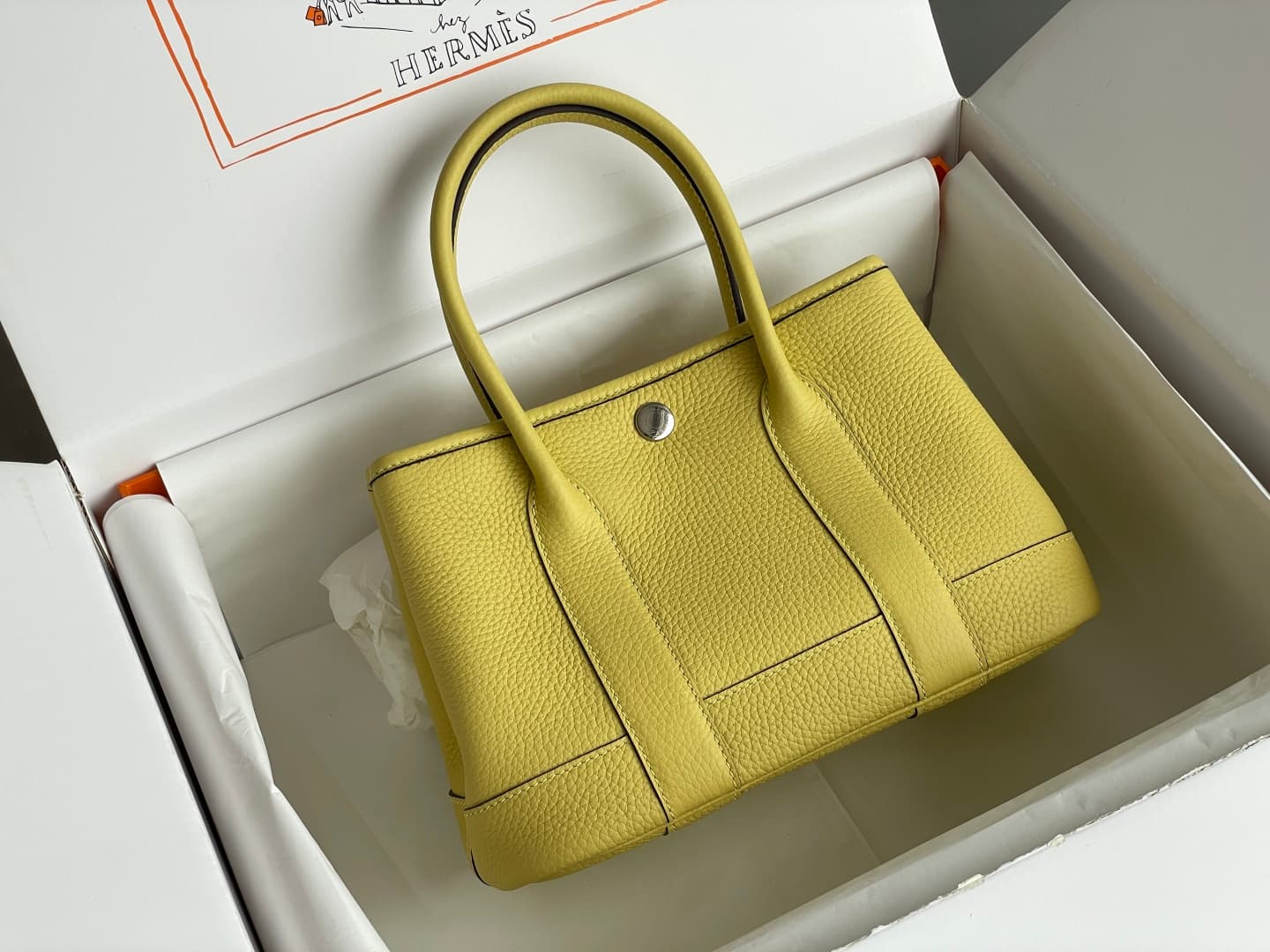 Hermes Garden Party 23 bag in Jaune Poussin Togo Leather WAX High