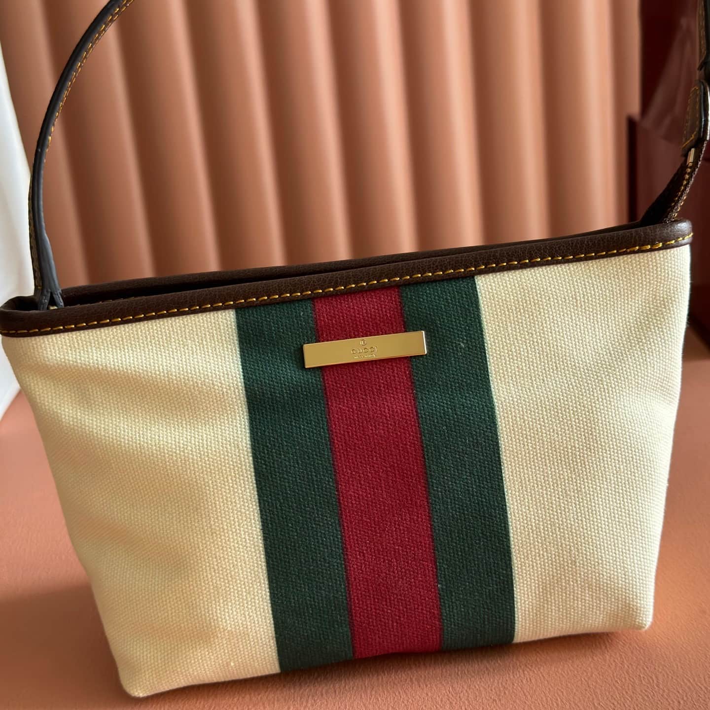 Gucci Small pouch with strap and Web natural canvas A000MM High
