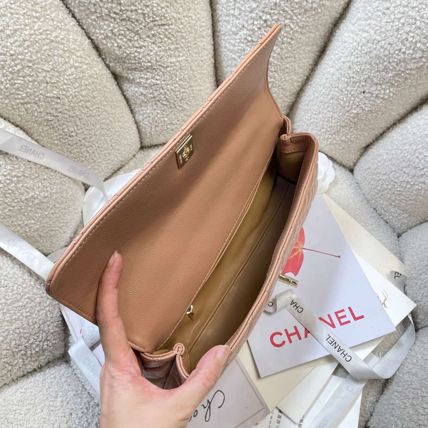 Chanel Maxi Flap Bag with Top Handle Grained Calfskin& Gold-Tone Metal AS6091 Caramel A