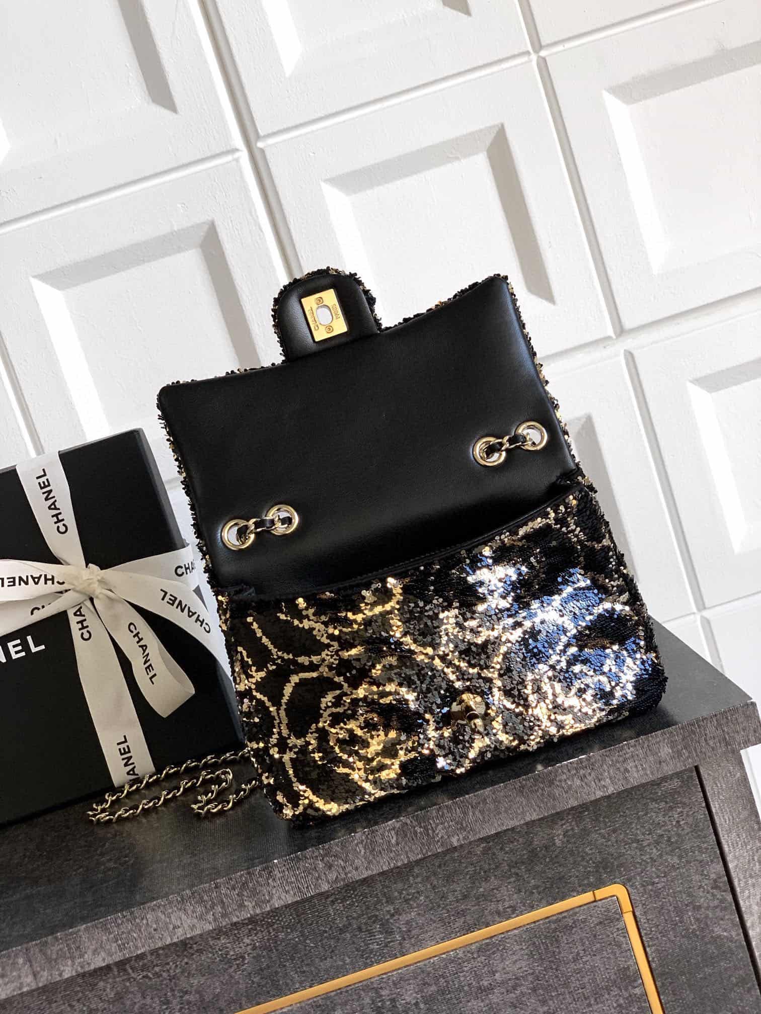 Chanel Classic Mini Flap Bag Sequins With Camellia Motif  & Gold-Tone Metal Black 6171 A