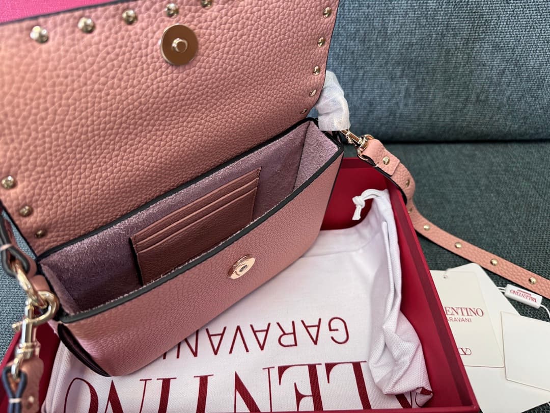 Valentino Garavani Mini Rockstud Grainy Leather Crossbody Bag in Nude Pink High