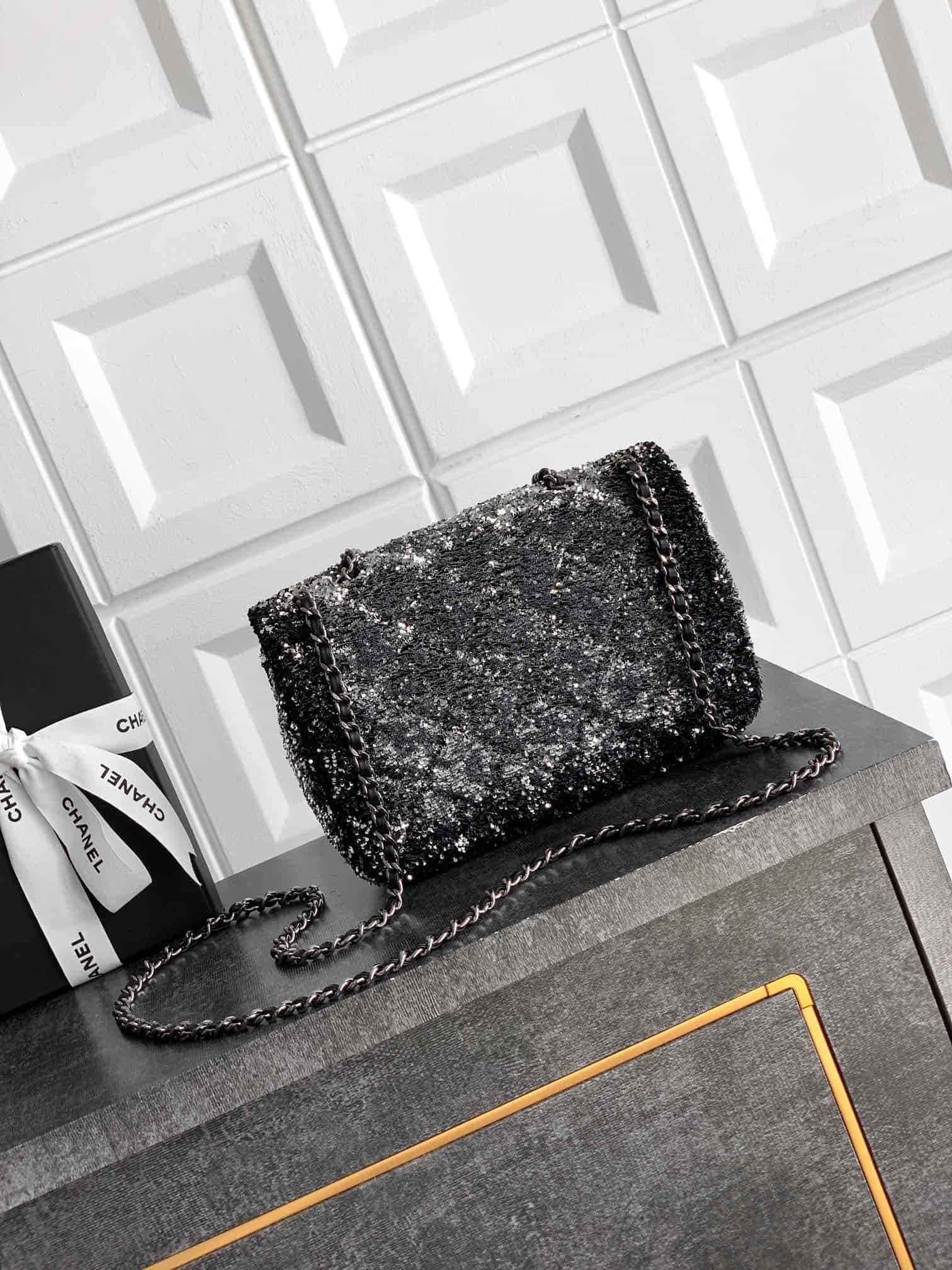Chanel Classic Mini Flap Bag Sequin Embroidery & Silver-Tone Metal Black 6171 A