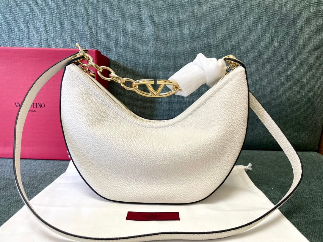 Valentino Garavani VLogo Moon small hobo bag in White grained calfskin High