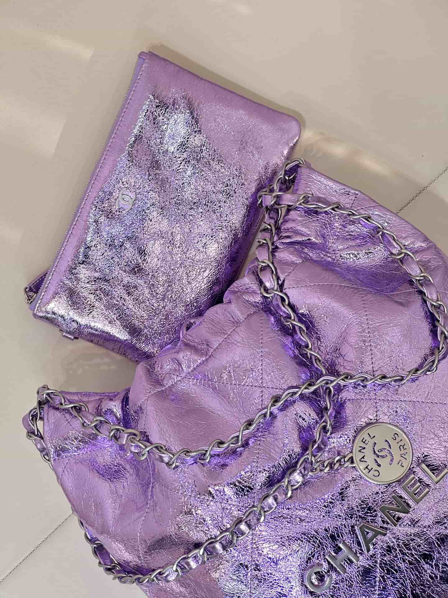 Chanel 22 Small handbag Metallic Calfskin & silver-tone metal AS3260 lilac TOP