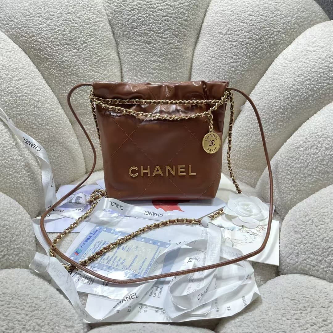 Chanel 22 MINI HANDBAG Shiny Calfskin Tan & Gold-Tone Metal AS3980 A