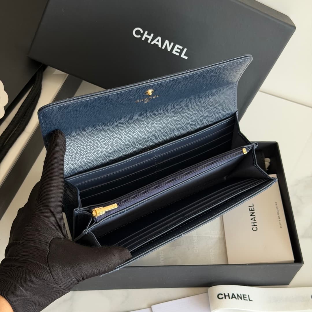 Chanel Wallet Shiny Grained Calfskin Strass & Gold-Tone Metal Dark Blue AP5076 High