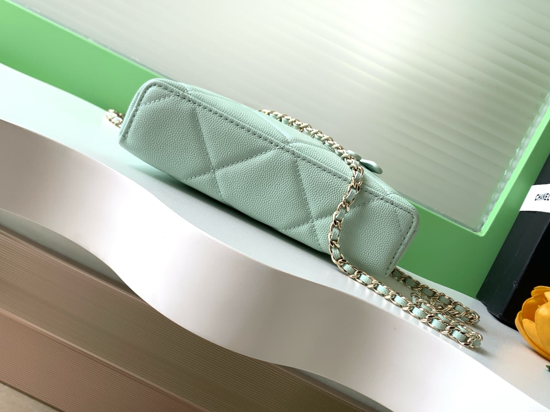 Chanel Vanity with Chain Grained Shiny Calfskin & Gold-Tone Metal Light Green AP4936 A