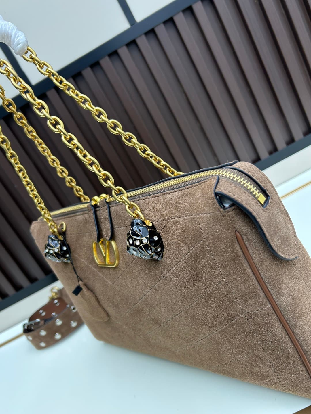 Valentino VLogo Garavani Panthea Shoulder Bag Dark Brown Suede Mid