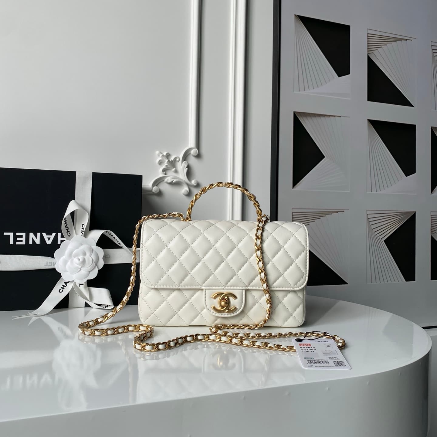 Chanel Small Flap Bag with Top Handle Lambskin& Gold-tone Metal White AS5814 A