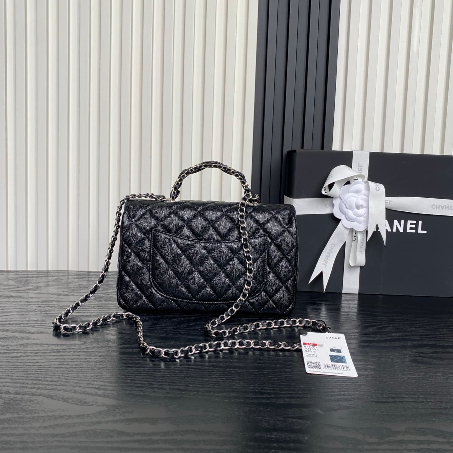 Chanel Small Flap Bag with Top Handle Grained Shiny Calfskin & Silver-Tone Metal Black AS5702 A