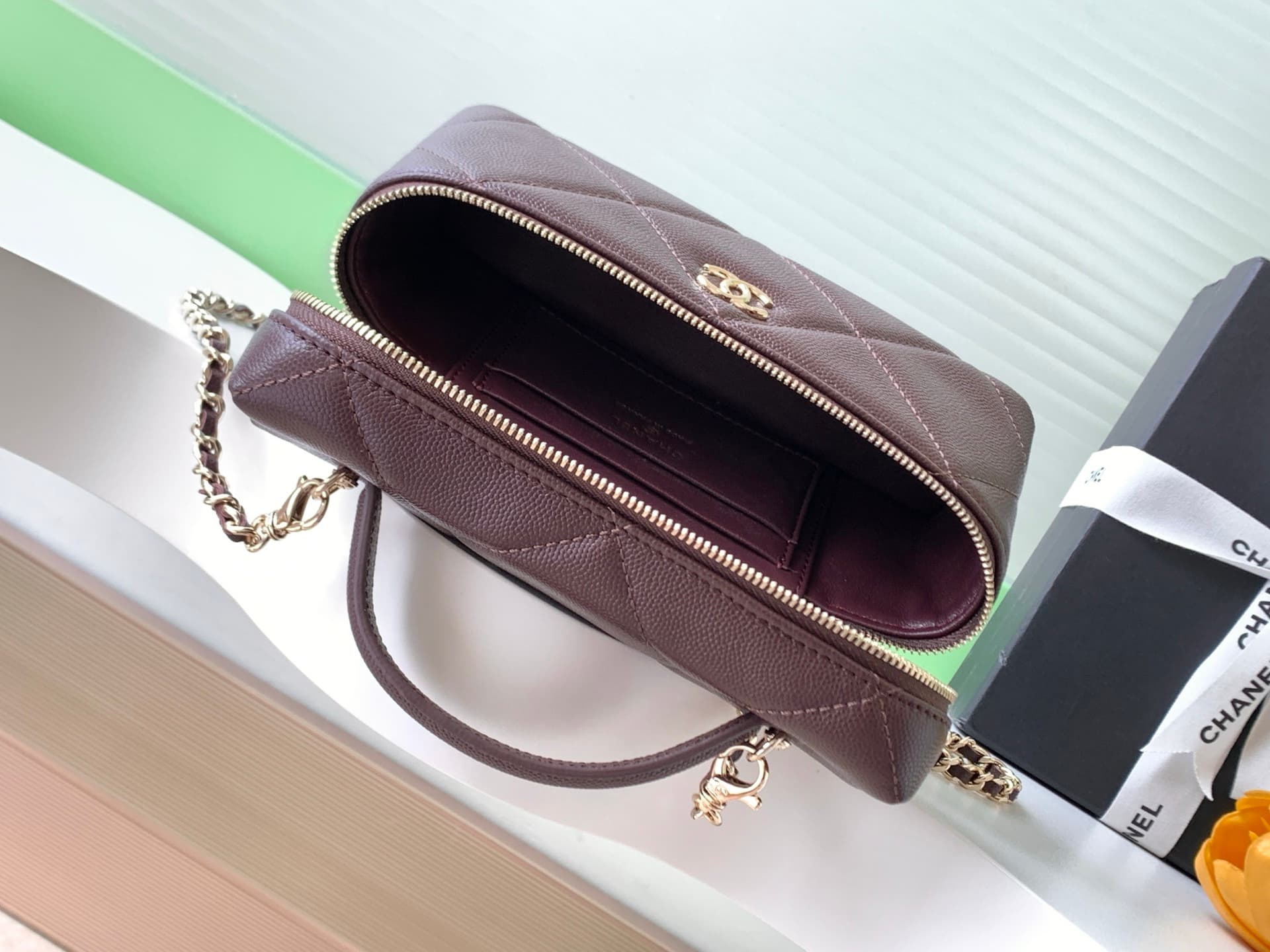 Chanel Vanity with Chain Grained Shiny Calfskin & Gold-Tone Metal Dark Brown AP4936 A