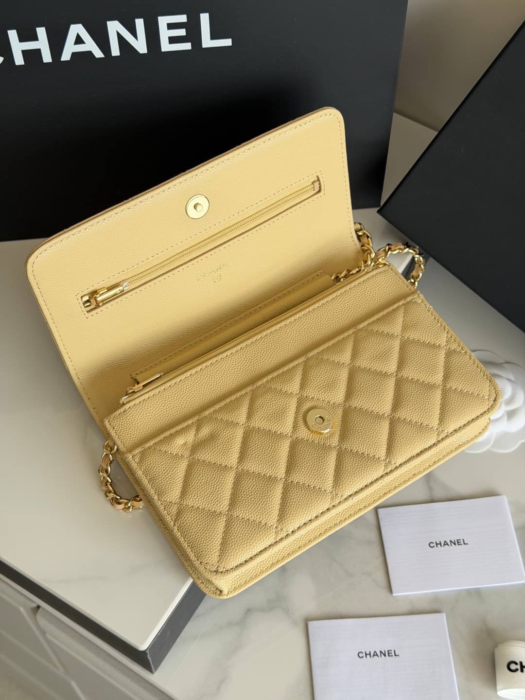 Chanel Wallet on Chain Shiny Grained Calfskin Strass & Gold-Tone Metal Yellow AP5073 High