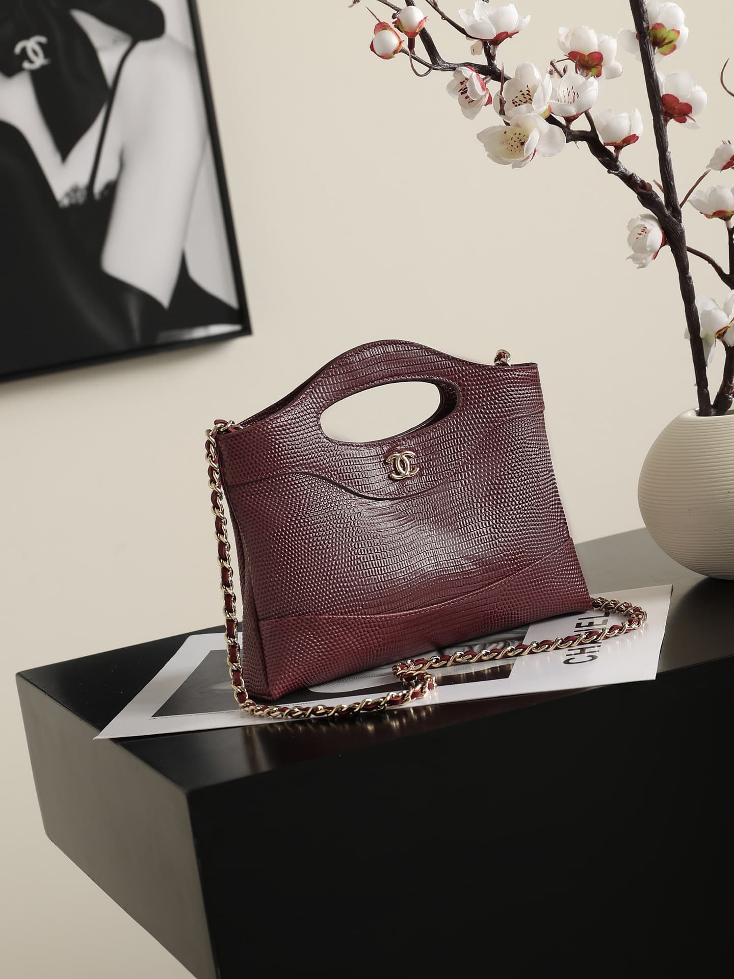 Chanel 31 Mini BAG Lizard-embossed Calfskin& Gold-Tone Metal AP3656 Dark Burgundy A