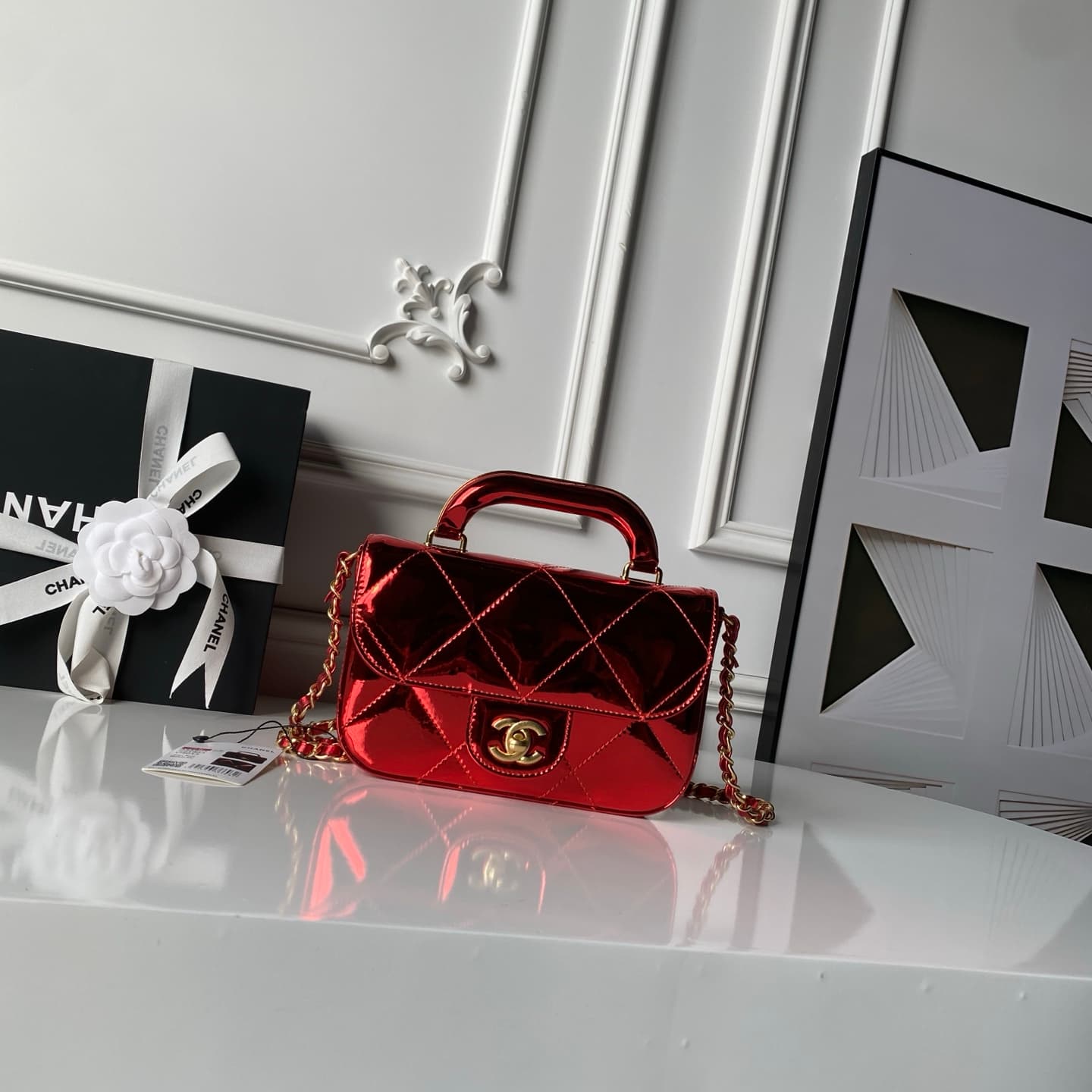 Chanel Mini Flap Bag with Top Handle Metallic Mirror Calfskin& Gold-tone Metal Red AS5805 A
