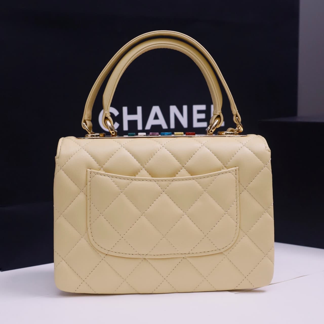 Chanel MINI FLAP BAG WITH TOP HANDLE AS4654 Lambskin &Gold-Tone Metal Light Yellow A