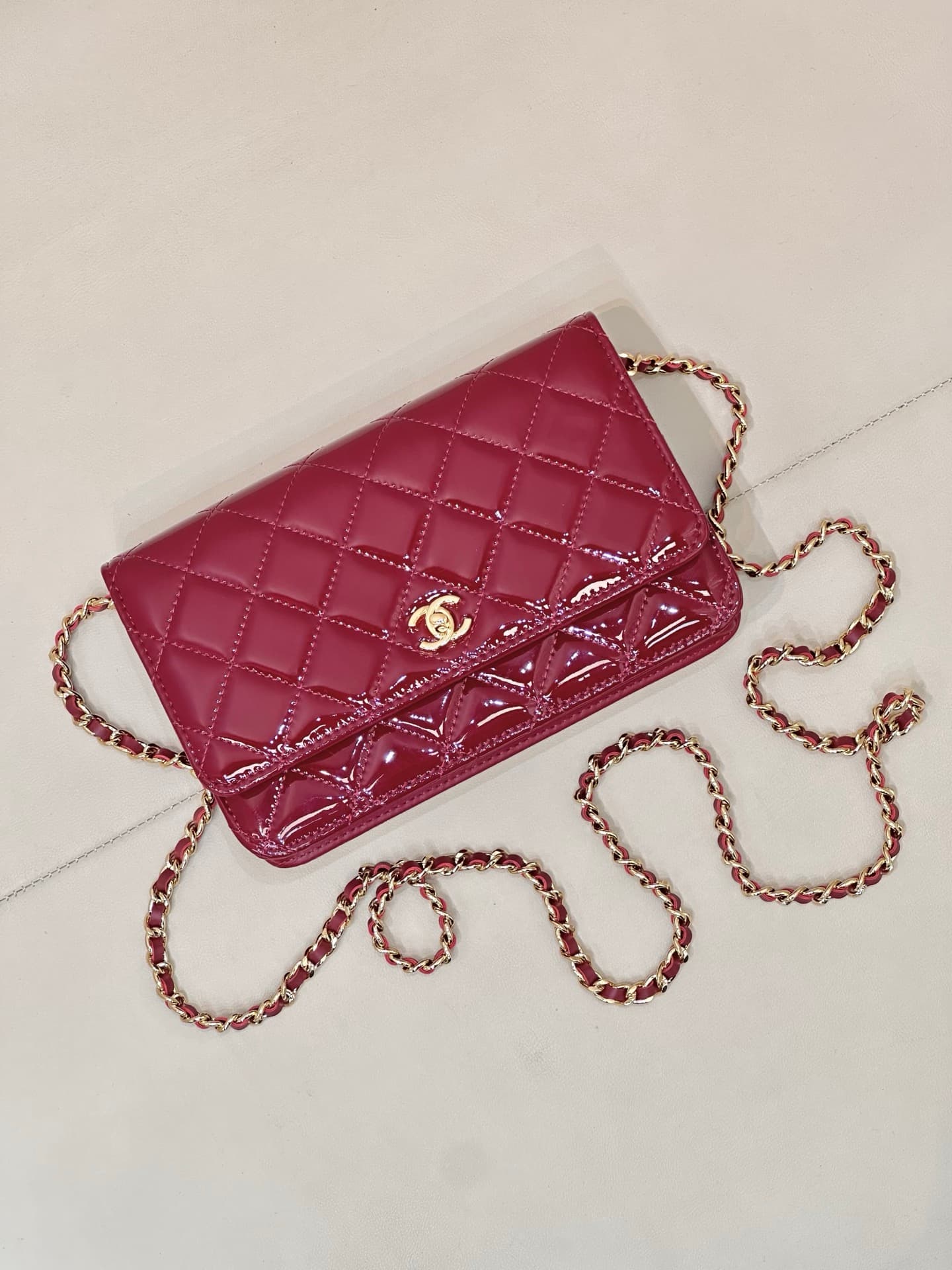 Chanel Classic Wallet on Chain Patent Quilted & Gold-Tone Metal AP4241 Burgundy TOP