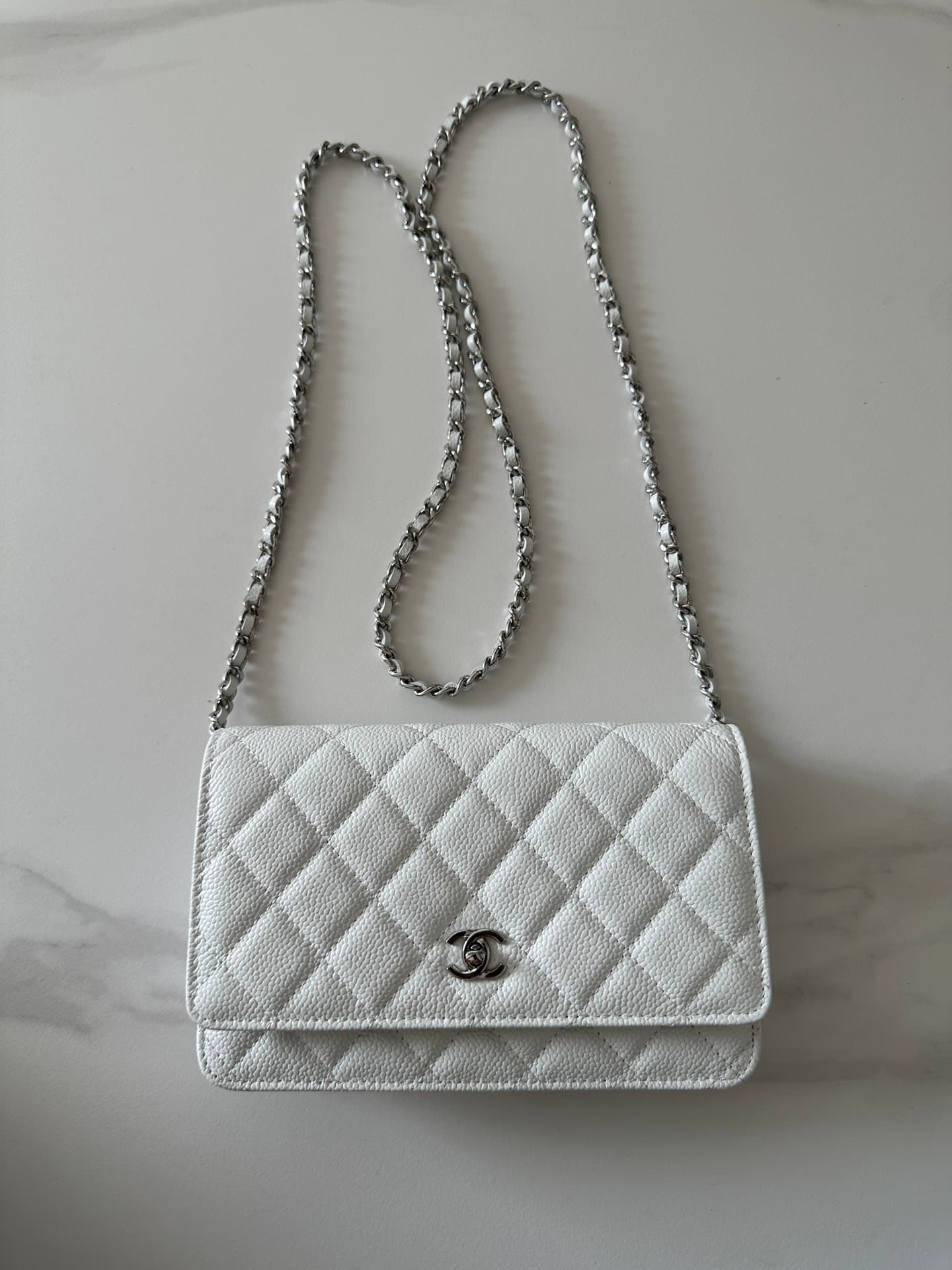 Chanel Classic Wallet on Chain Grained Shiny Calfskin & Silver-Tone Metal AP4241 White High