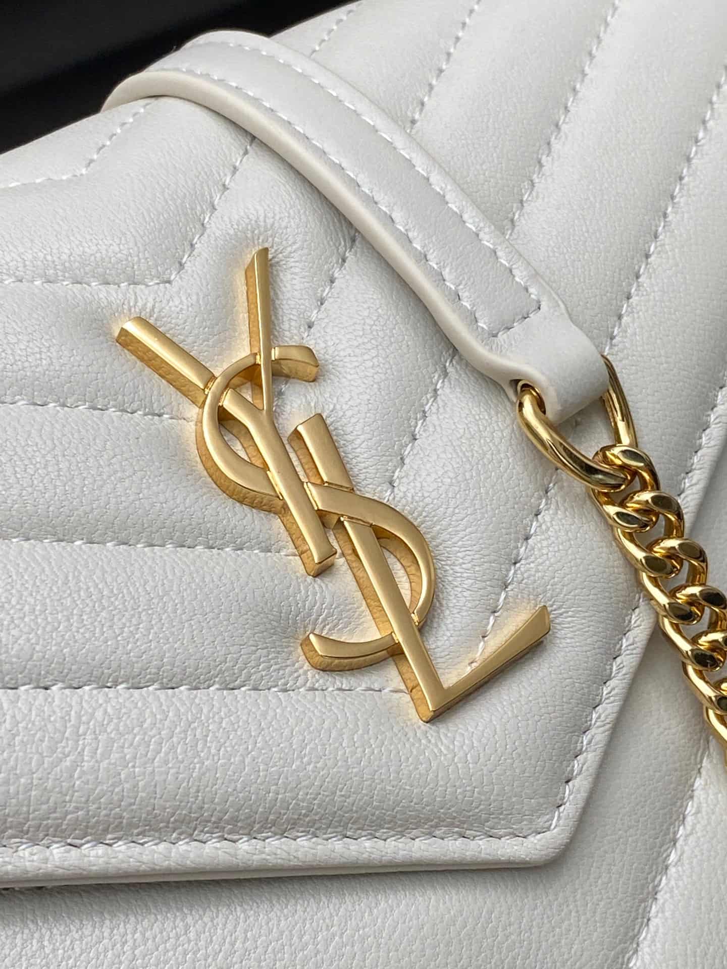 Saint Laurent Monogram Matelassé Cassandre Wallet on Chain White Lambskin 393953 High