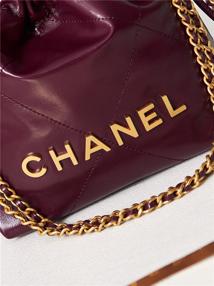 Chanel 22 MINI HANDBAG Shiny Calfskin Burgundy & Gold-Tone Metal AS3980 A