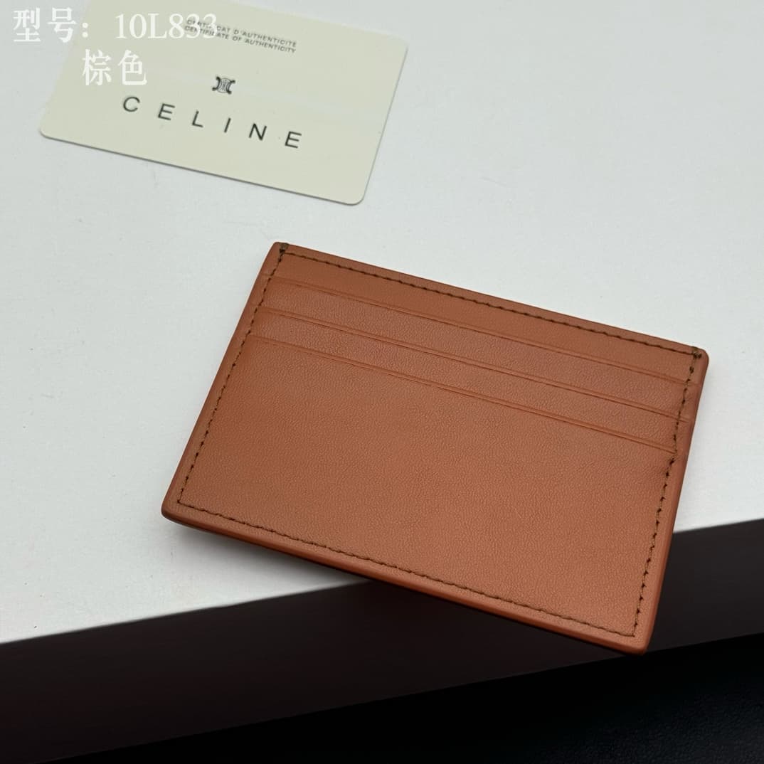 Celine Card Holder Triomphe in Shiny Calfskin Leather Brown High