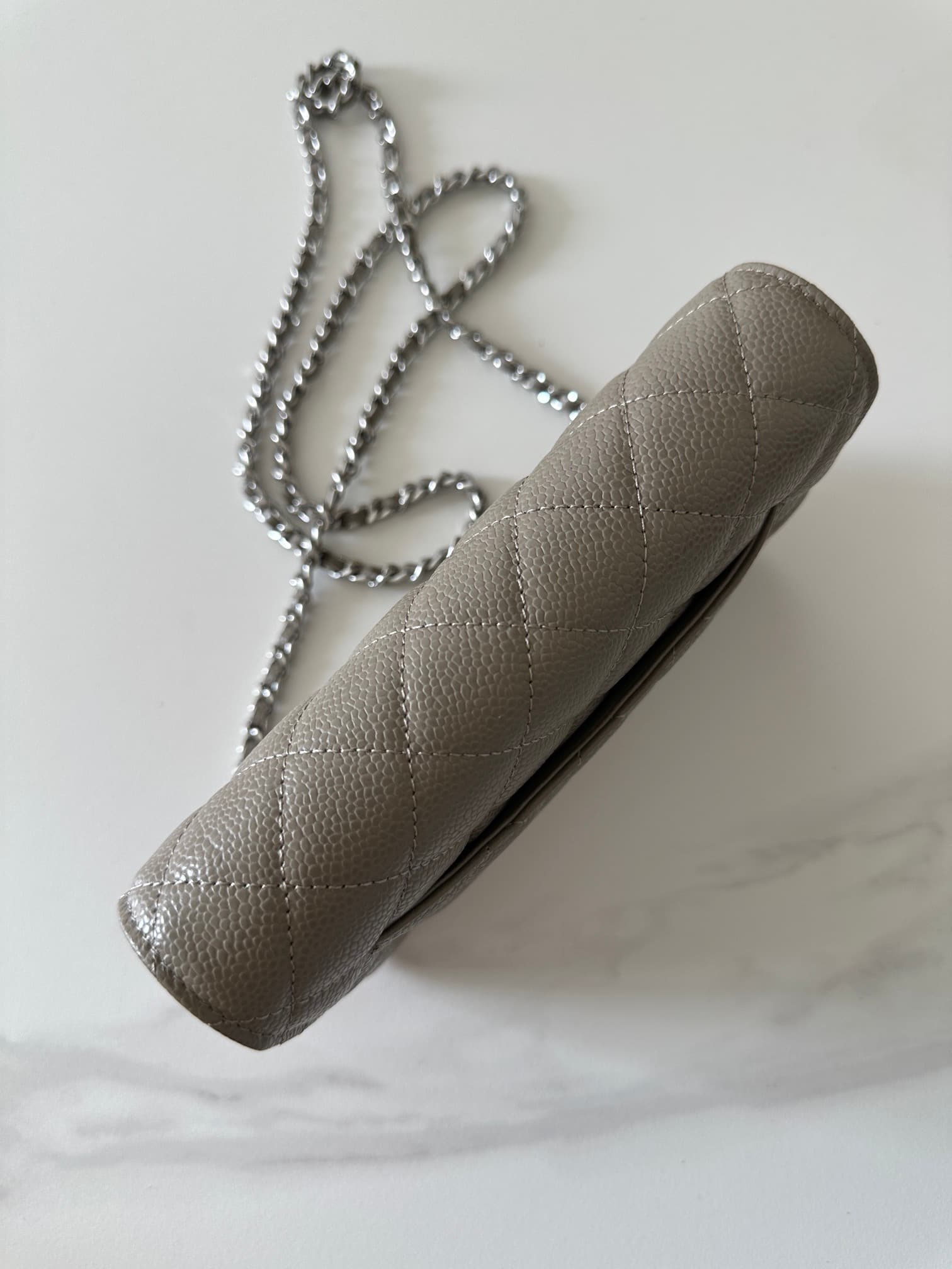 Chanel Classic Wallet on Chain Grained Shiny Calfskin & Silver-Tone Metal AP4241 Grey High