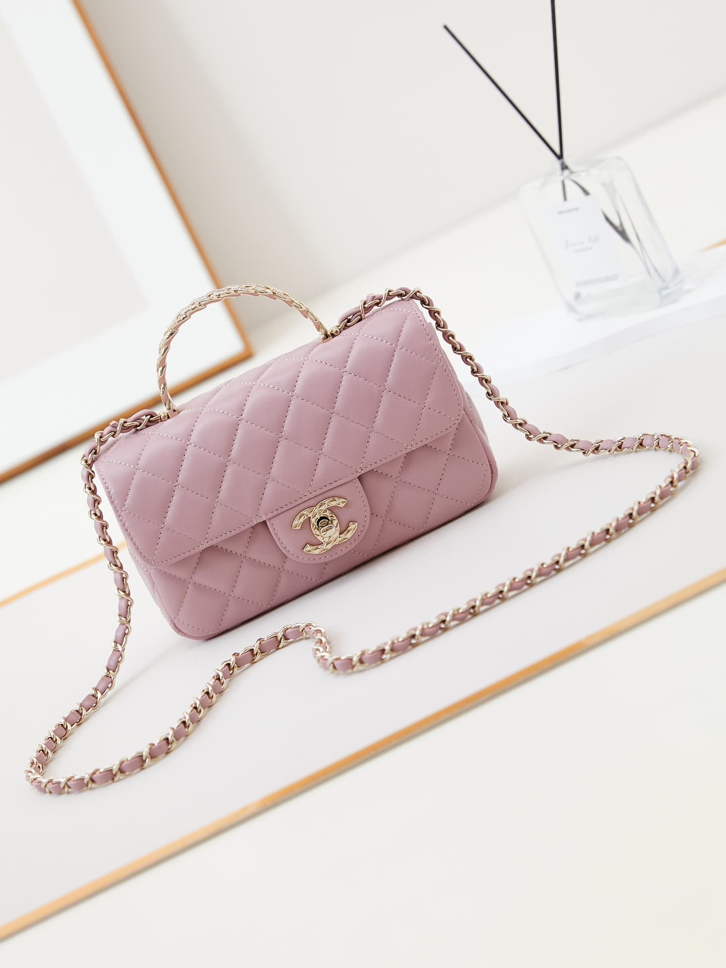 Chanel Mini Flap Bag with Top Handle Lambskin& Gold-Tone Metal White AS4924 A