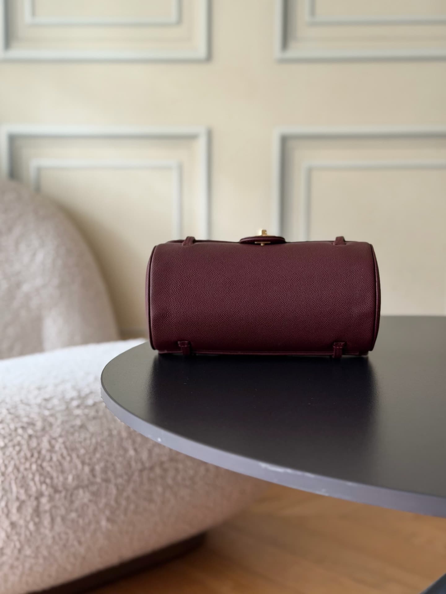 Chanel Small Bowling Bag Grained Shiny Calfskin & Gold-Tone Metal AS6143 Dark Burgundy High