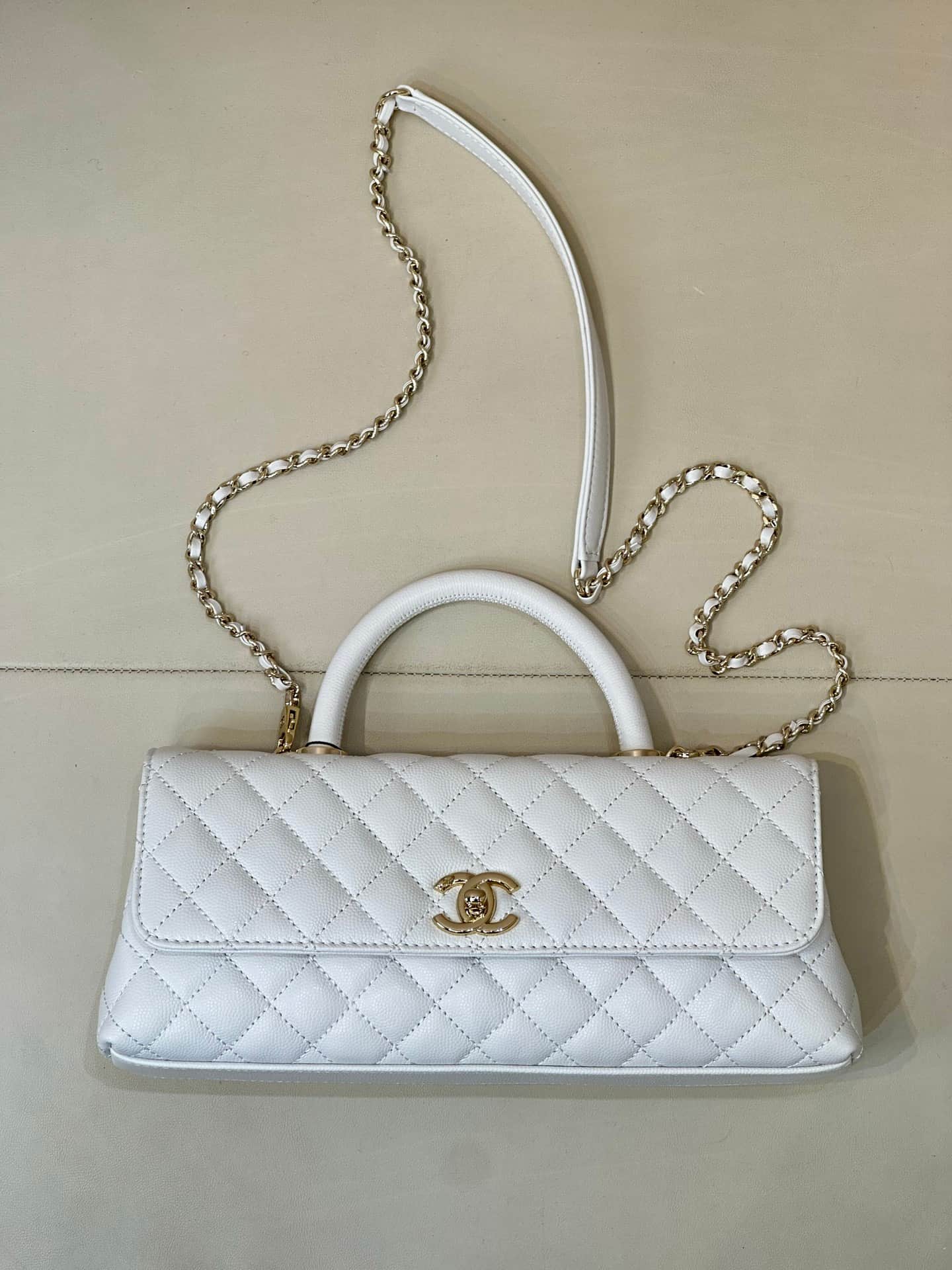 Chanel Maxi Flap Bag with Top Handle Grained Calfskin& Gold-Tone Metal AS6091 White TOP