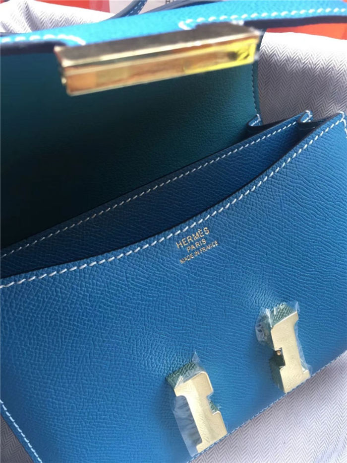Hermes Mini Constance 18cm/24cm Epsom Bag Silver/Gold Metal Denim Blue High
