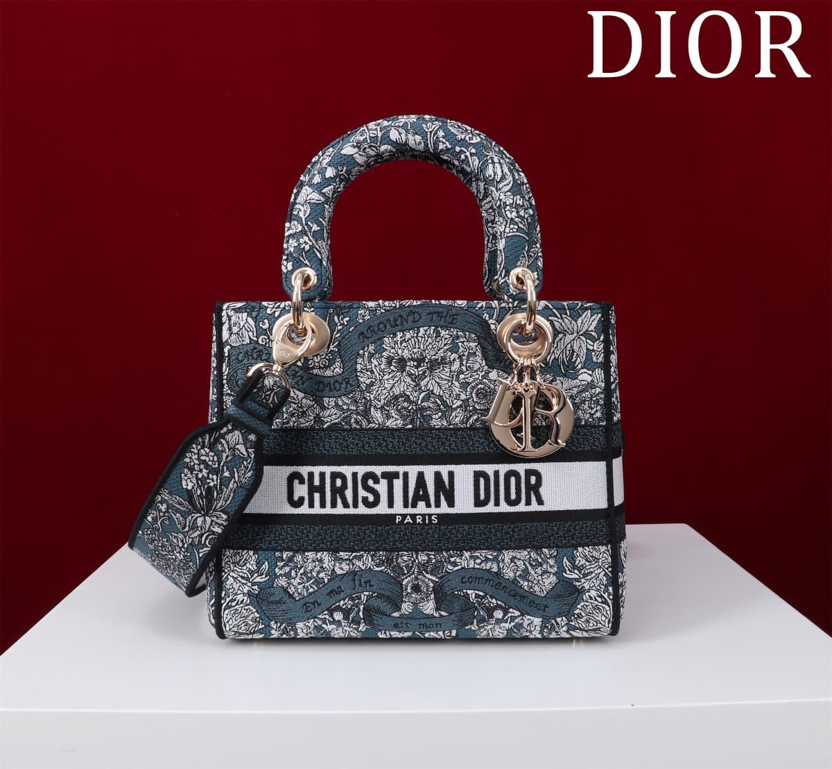 Medium Lady D-Lite Bag Latte Embroidery with Blue Dior Around the World Motif High