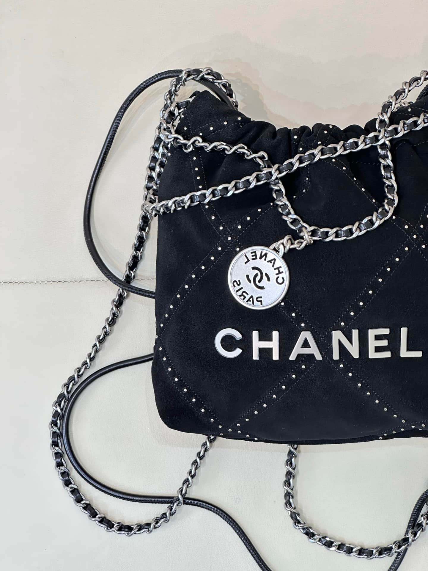 Chanel 22 MINI HANDBAG Suede Black &Silver-Tone Metal AS3980 TOP