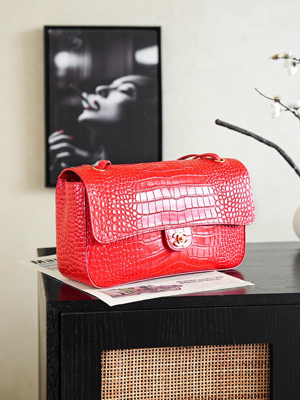 Chanel Maxi Flapbag Crocodile Embossed Calfskin& Gold-Tone Metal Red AS6231 A