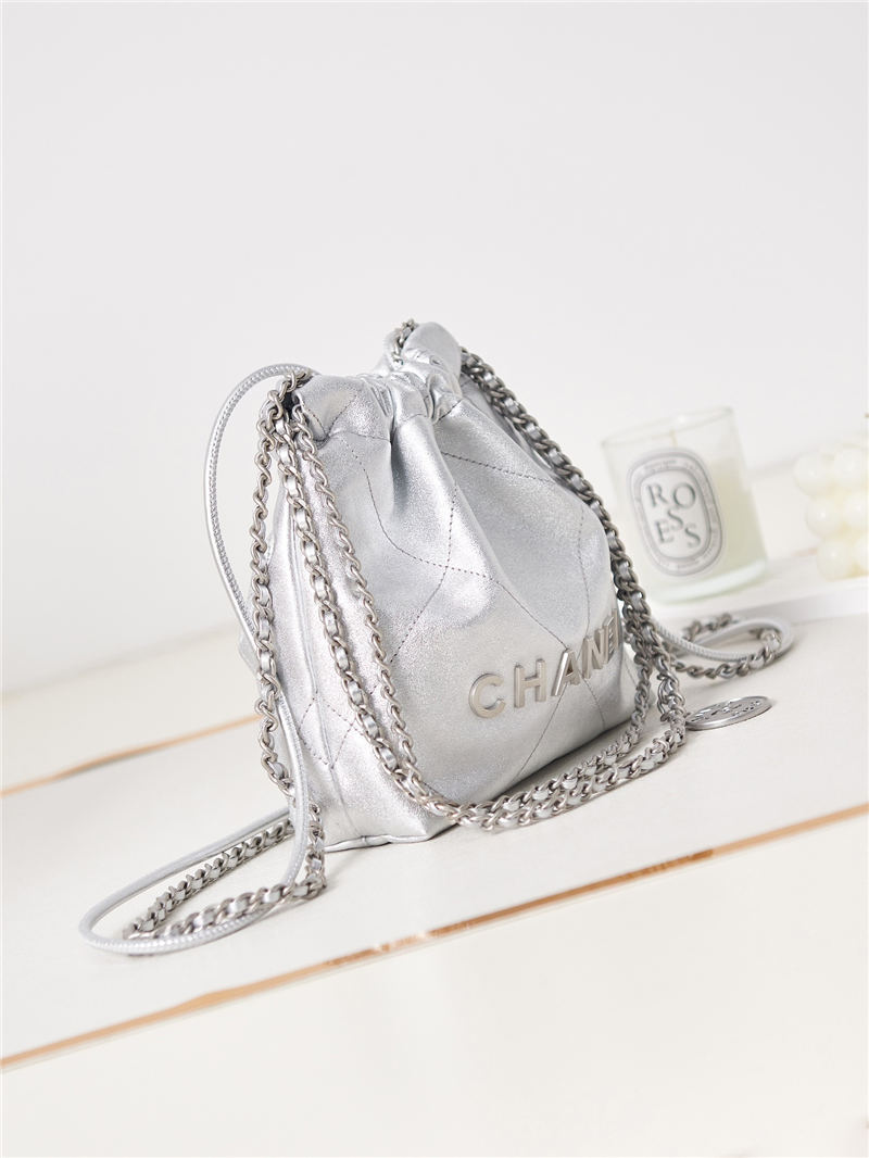 Chanel 22 MINI HANDBAG Shiny Calfskin Silver & Silver-Tone Metal AS3980 A