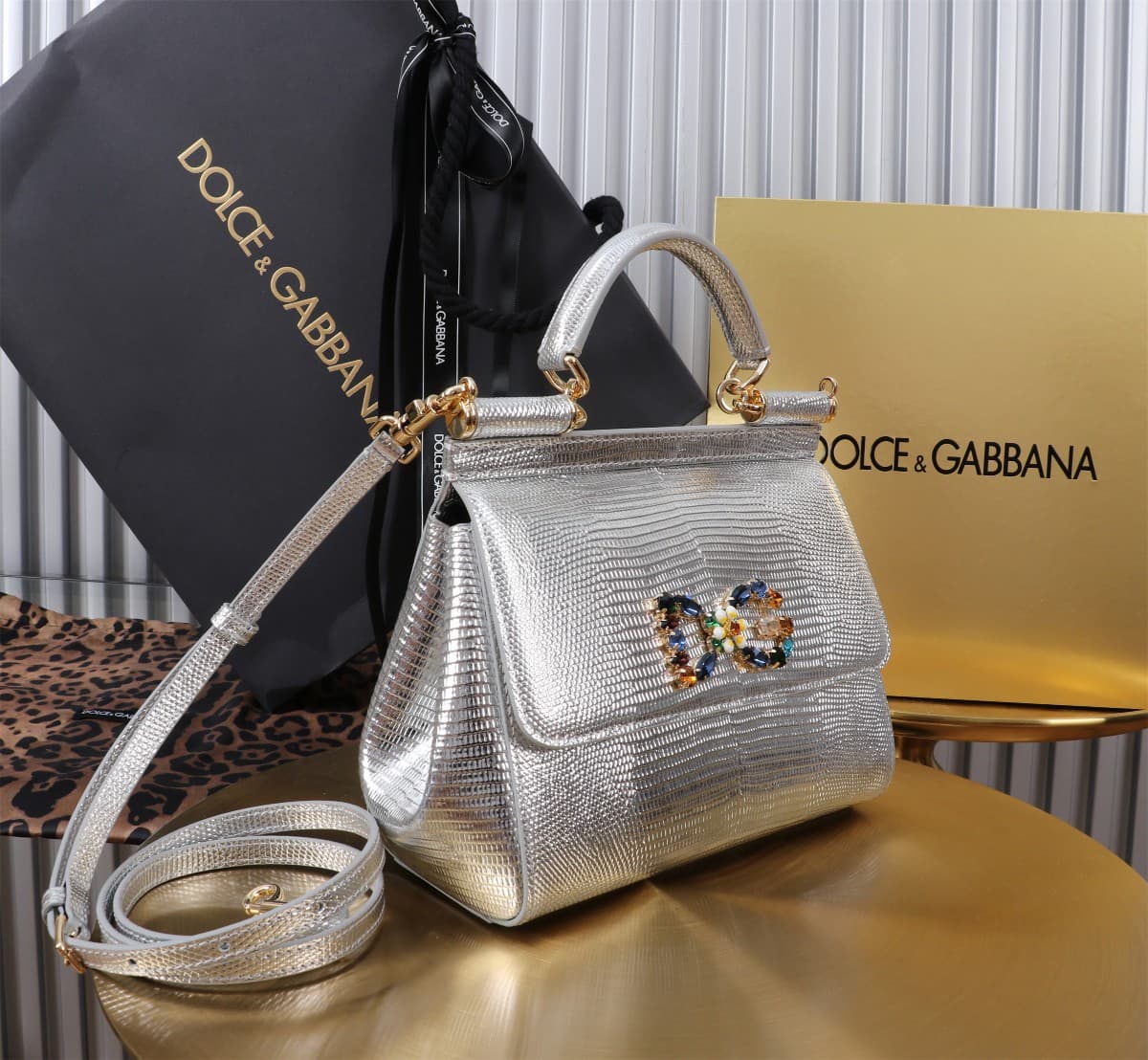 Sicily Handbag 20cm in Iguana Print Calfskin and Crystal DG Logo Patch High