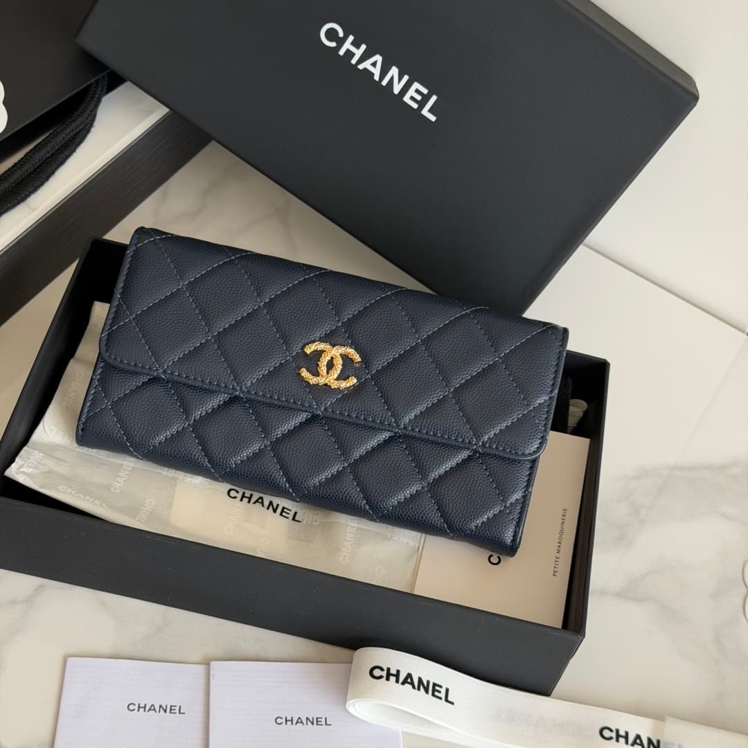 Chanel Wallet Shiny Grained Calfskin Strass & Gold-Tone Metal Dark Blue AP5076 High