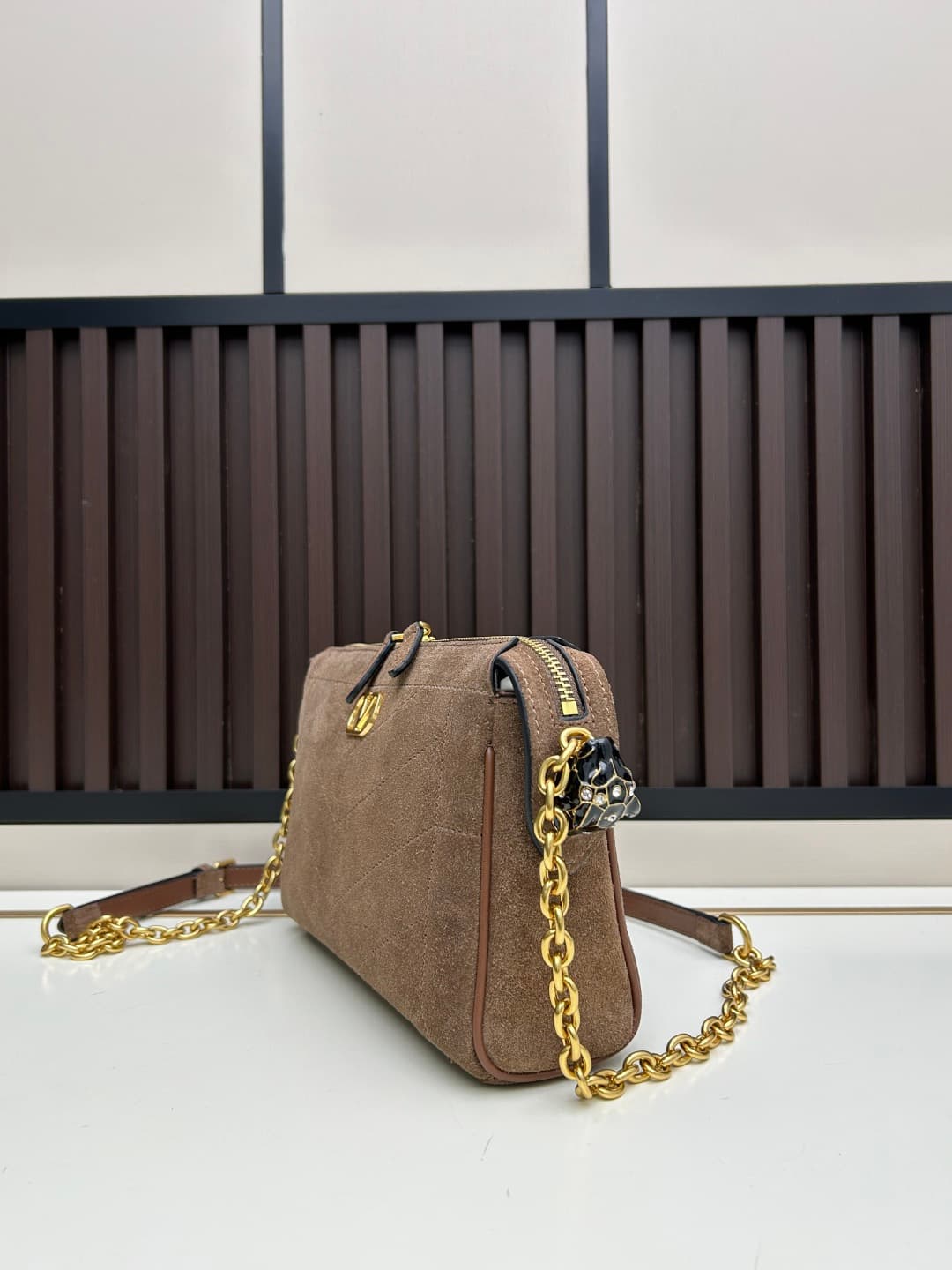 Valentino VLogo Garavani Panthea Shoulder Bag Dark Brown Suede Mid