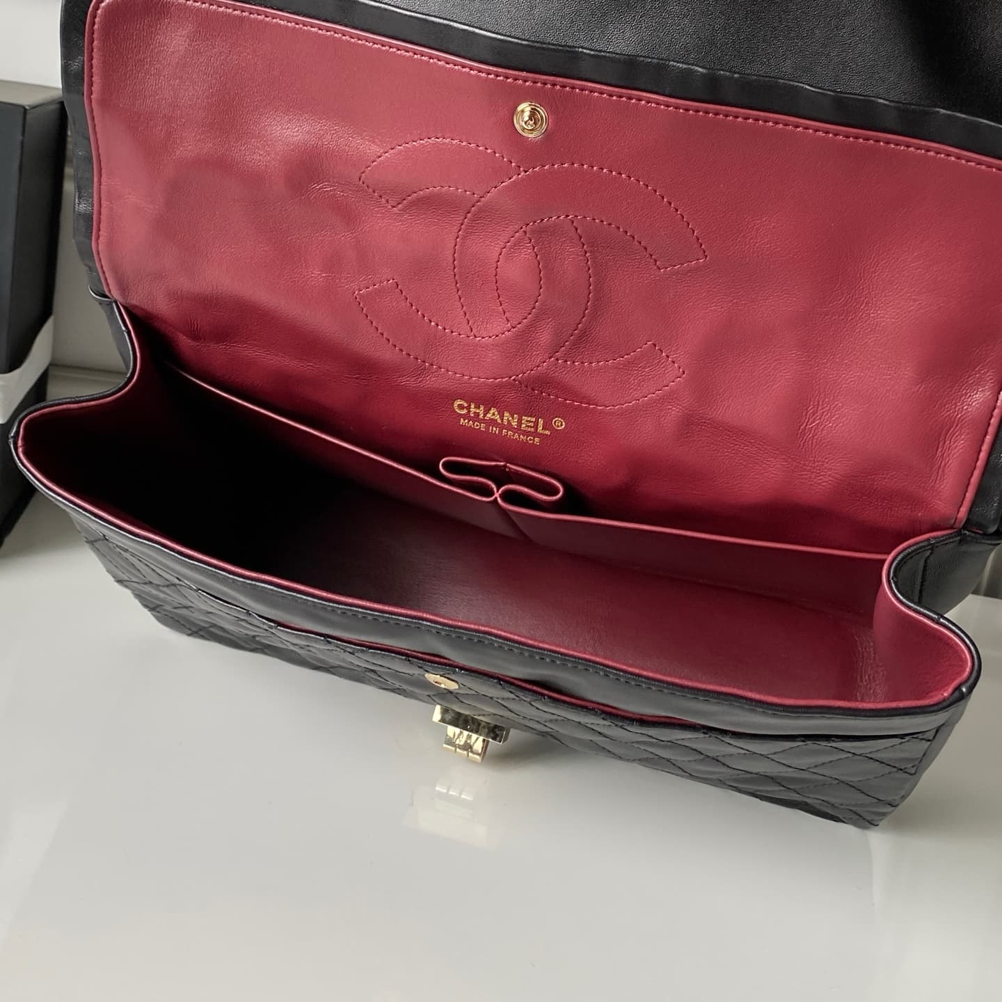 CHANEL Large 2.55 Handbag Aged Calfskin & Gold-Tone Metal Black & Burgundy A37587 A