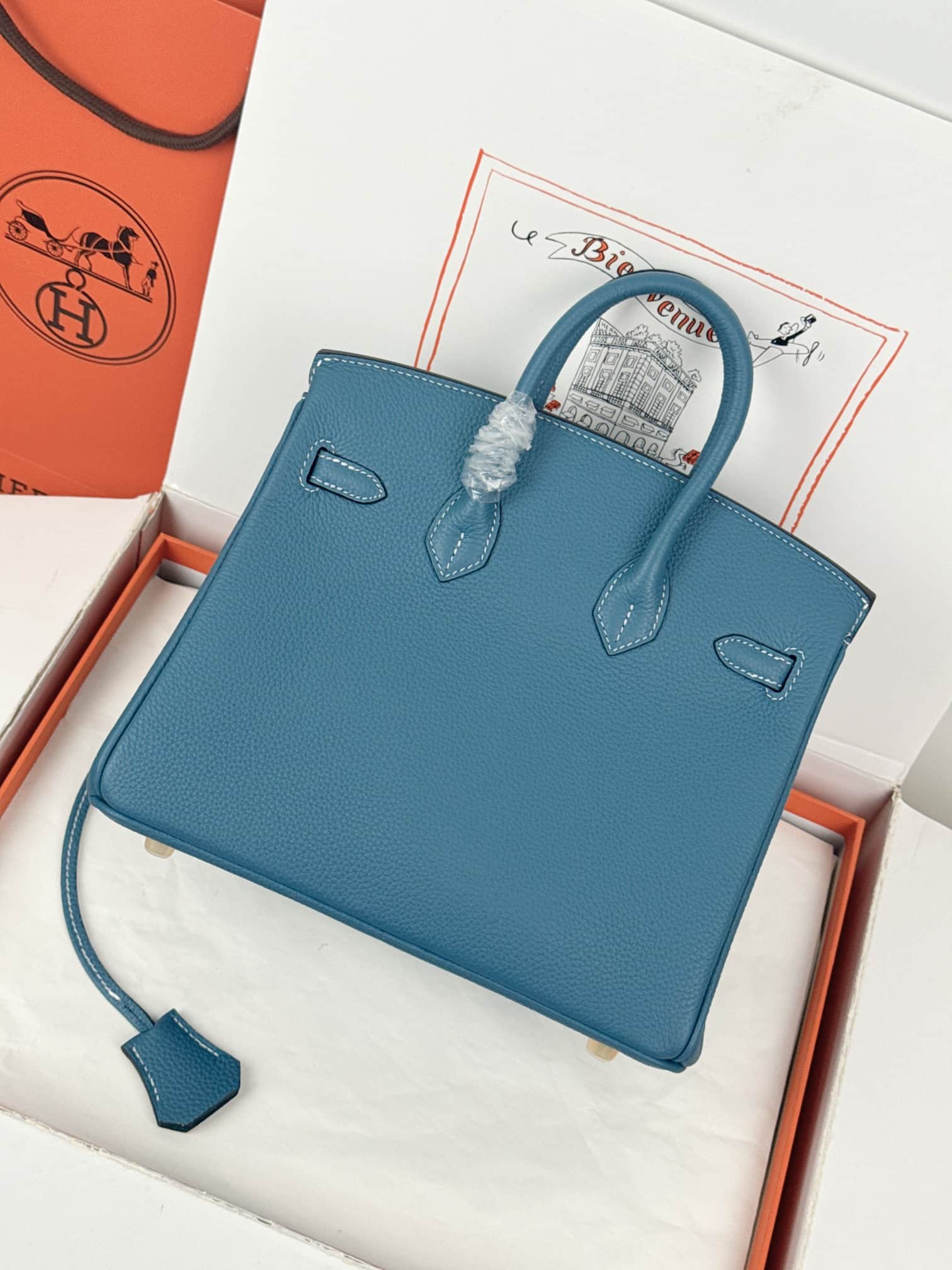 Hermes Birkin 25/30 Bag Togo Calfskin Leather Bleu Jean High