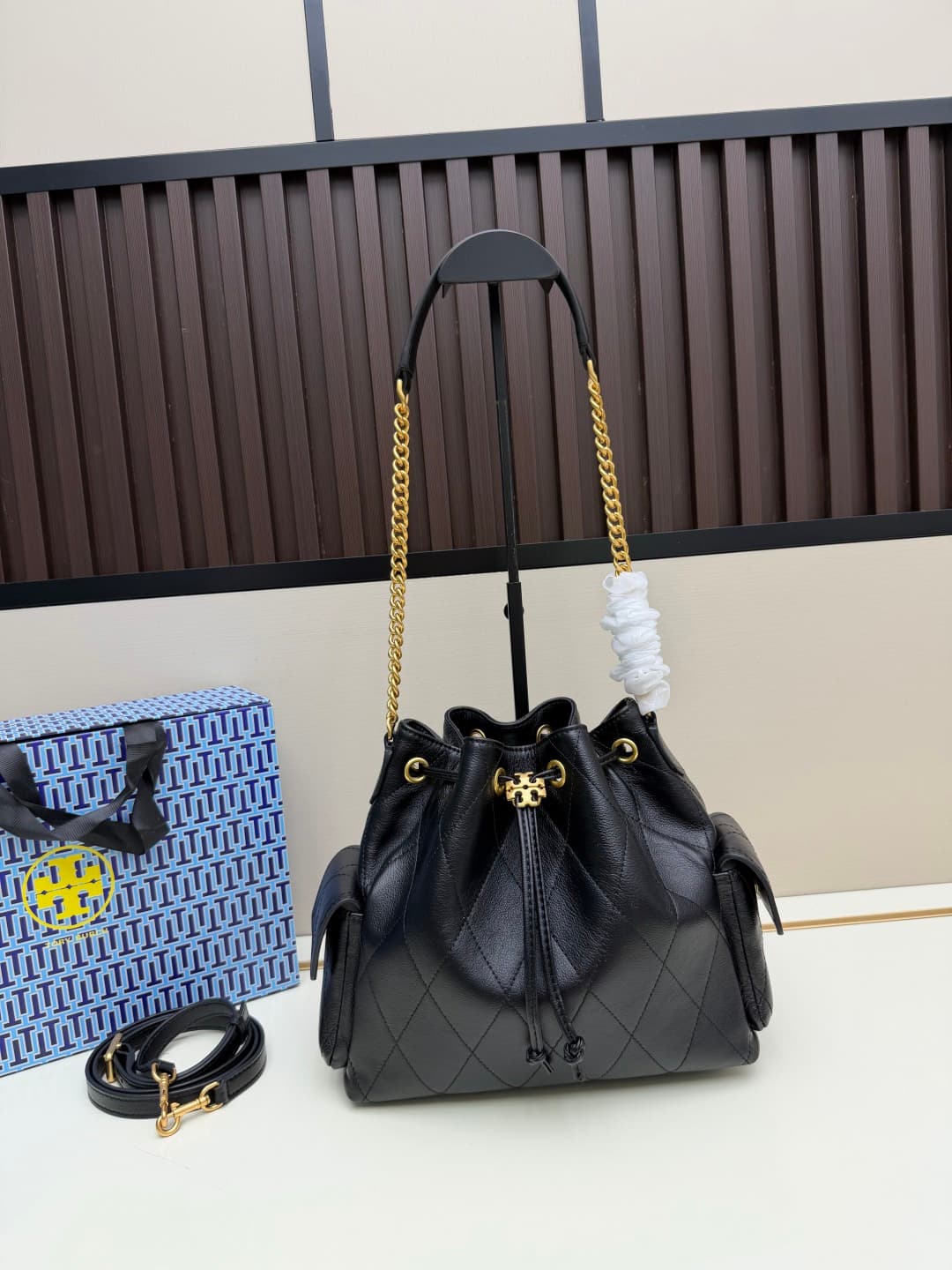 Tory Burch Charlie Quilted Drawstring Shoulder Bag Black Leather High