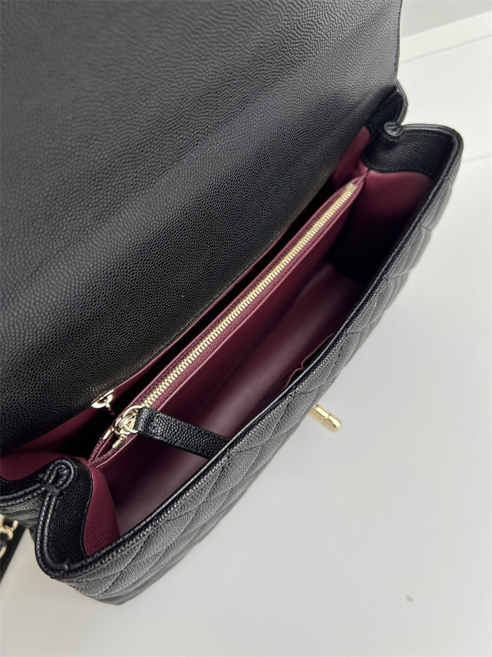 Medium FLAP BAG WITH TOP HANDLE Grained Calfskin Black-binding Gold Metal High