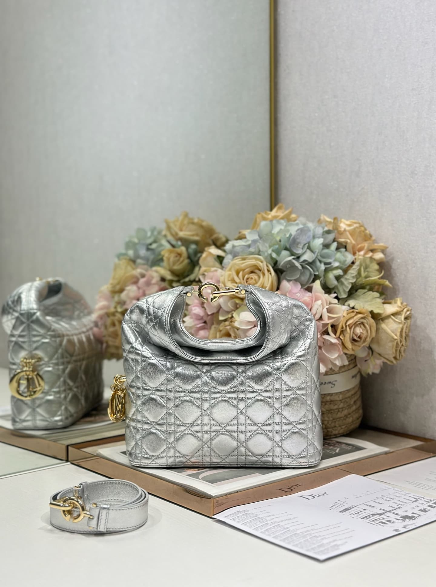Dior Metallic Cannage Calfskin Handbag Silver High