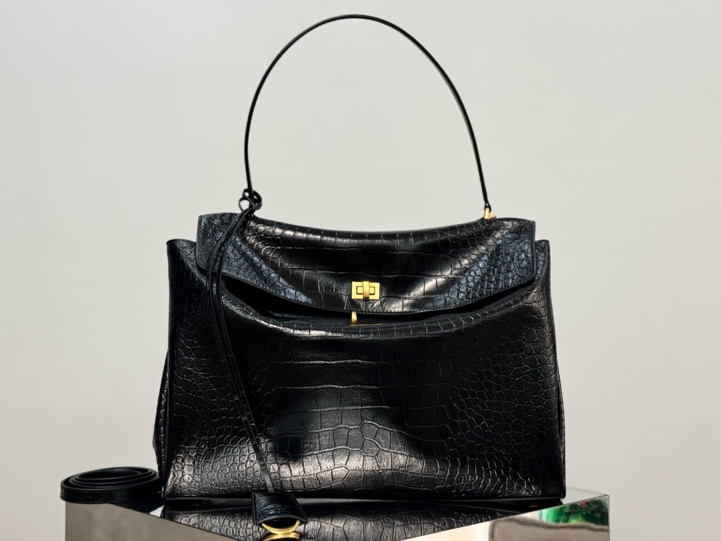 Balenciaga Rodeo Large Bag in Black Crocodile Embossed Calfskin With Gold-Tone Metal TOP