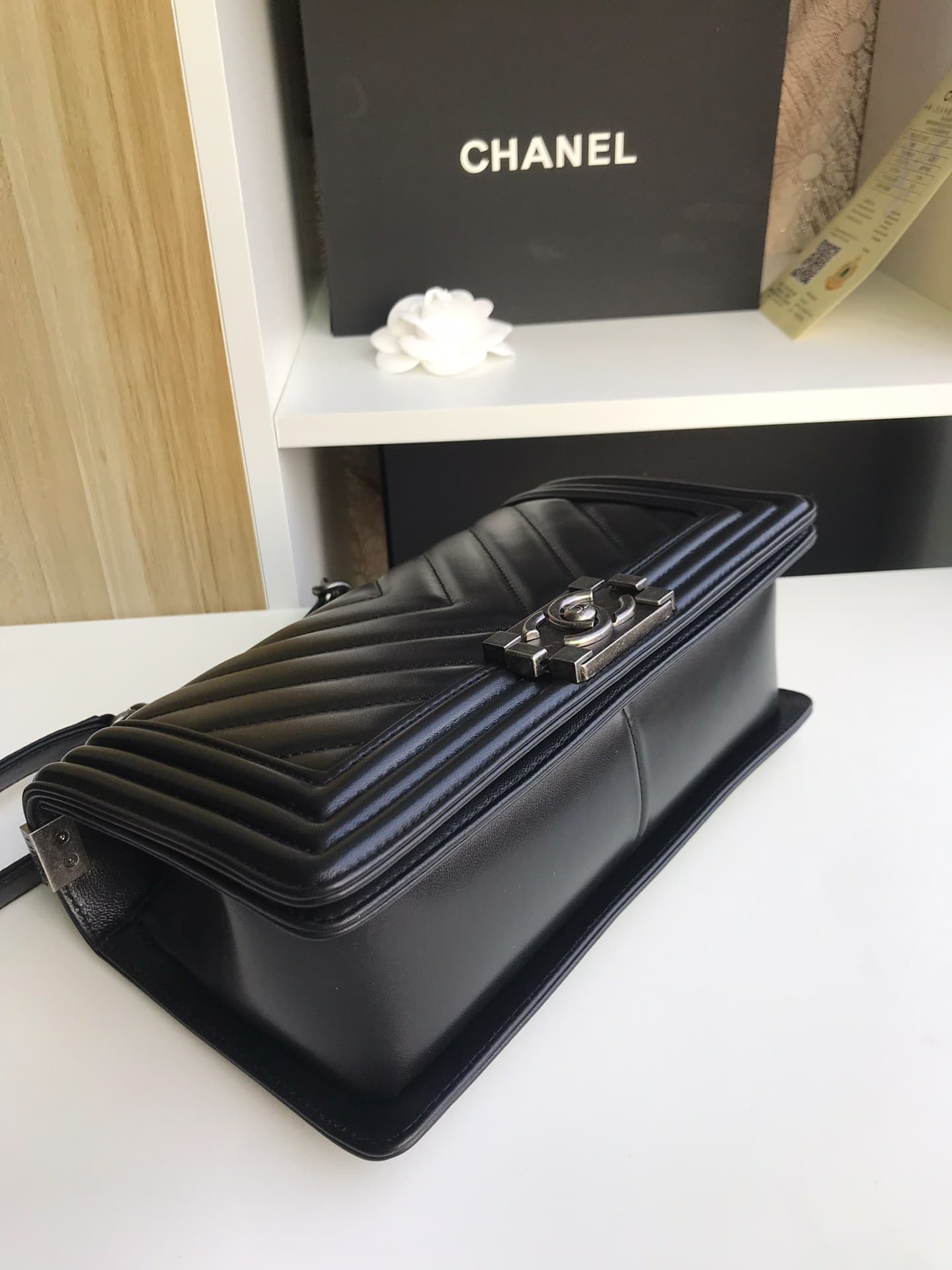 BOY Chanel HANDBAG Chevrons Pattern Lambskin Silver Metal Black High
