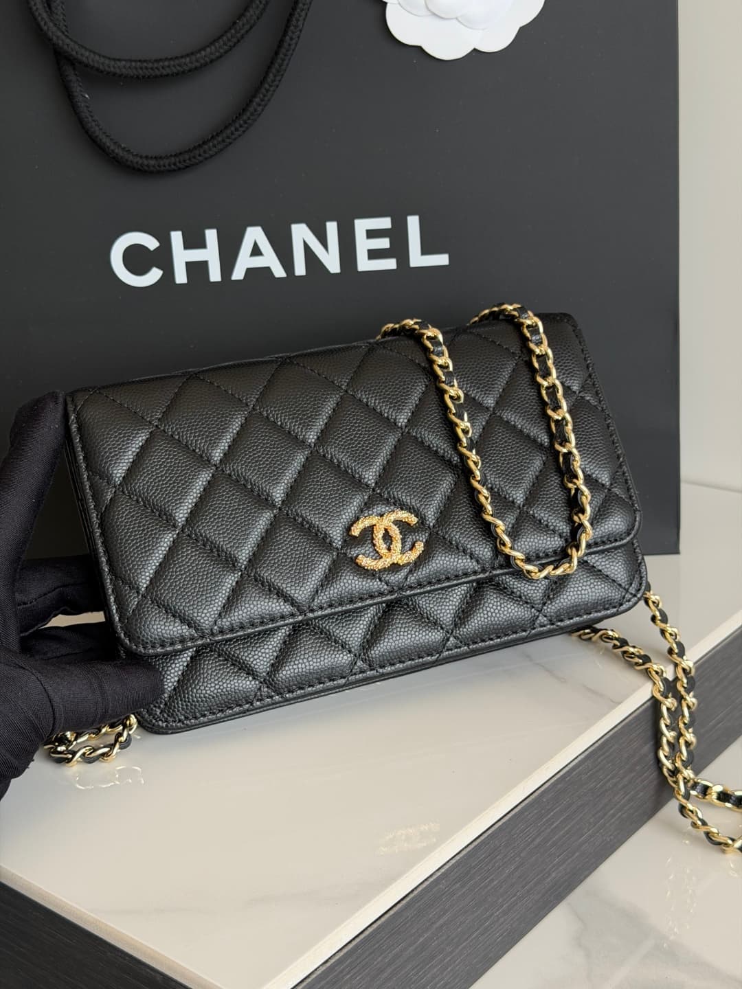 Chanel Wallet on Chain Shiny Grained Calfskin Strass & Gold-Tone Metal Black AP5073 High