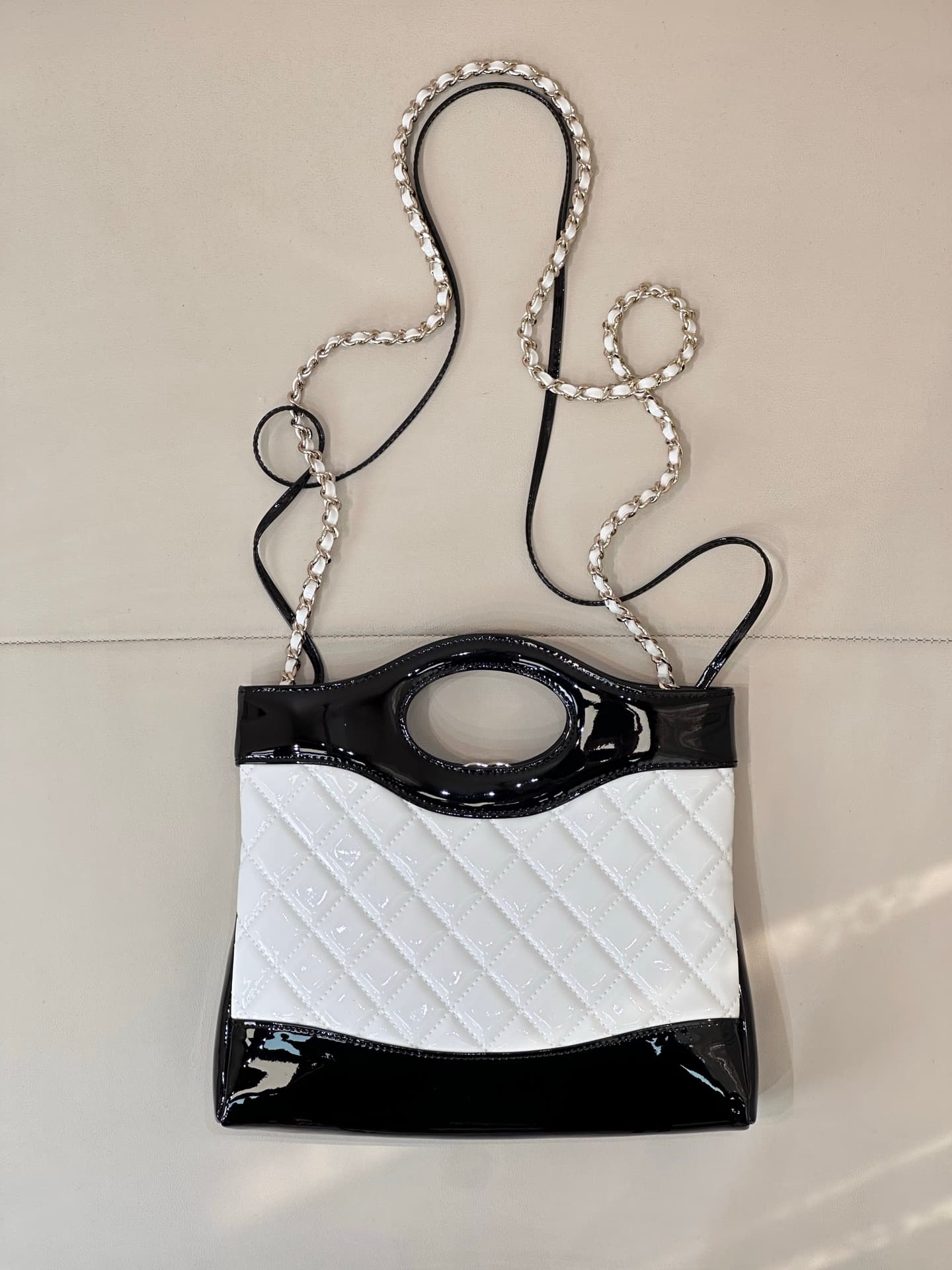 CHANEL 31 Mini Shopping Bag Quilted Patent Leather & Gold-Tone Metal AS4133 Black/White TOP